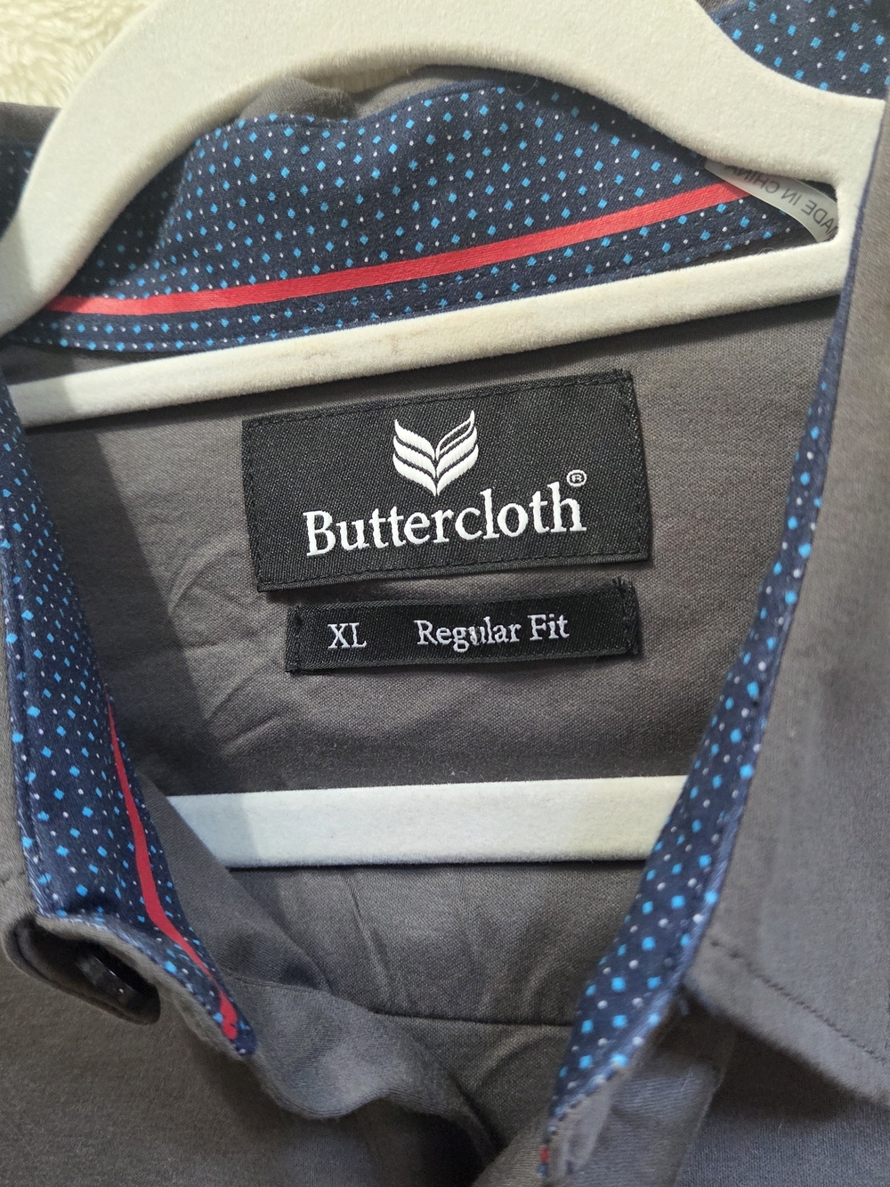 Buttercloth Men's Gray Button-Up Shirt with Blue Dot Trim